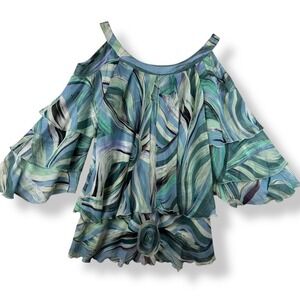 Cold Shoulder Tiered Ruffle Top‎ Womens Size XL  Abstract Swirl Mermaid Flowy